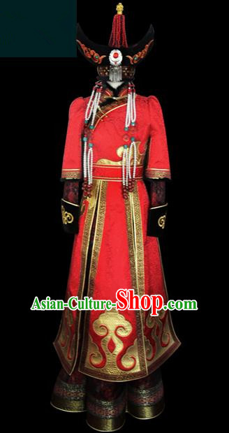 Traditional Chinese Mongol Nationality Dance Costume Princess Red Wedding Dress, Chinese Mongolian Minority Nationality Embroidery Mongolian Robe Clothing for Women