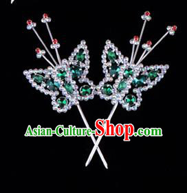 Traditional Beijing Opera Diva Hair Accessories Green Crystal Head Ornaments Butterfly Hairpin, Ancient Chinese Peking Opera Hua Tan Hairpins Headwear