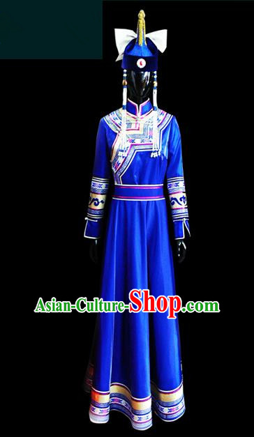 Traditional Chinese Mongol Nationality Dance Costume Female Blue Mongolian Robe, Chinese Mongolian Minority Nationality Princess Embroidery Costume for Women