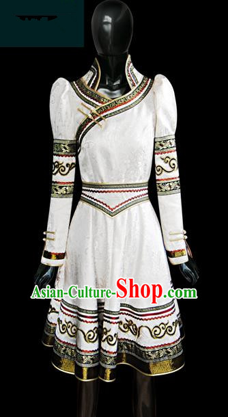 Traditional Chinese Mongol Nationality Dance Costume Female White Mongolian Robe, Chinese Mongolian Minority Nationality Princess Embroidery Costume for Women