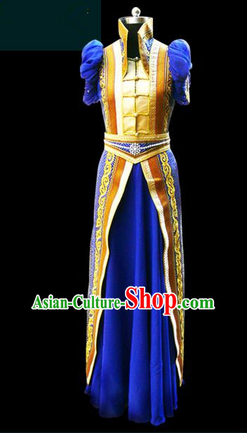 Traditional Chinese Mongol Nationality Dance Costume Female Royalblue Mongolian Robe, Chinese Mongolian Minority Nationality Princess Embroidery Costume for Women