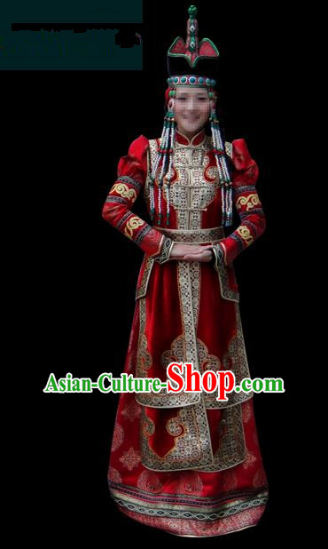 Traditional Chinese Mongol Nationality Costume Queen Red Pleated Dress, Chinese Mongolian Minority Nationality Princess Embroidery Wedding Clothing for Women