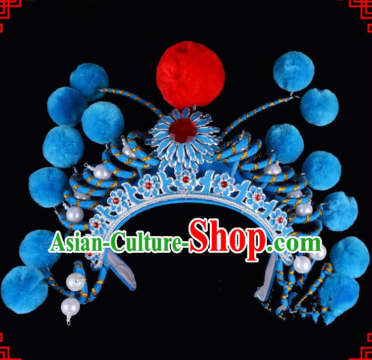 Traditional Beijing Opera Swordplay Hair Accessories Hat, Ancient Chinese Peking Opera Young Lady Blues Headwear