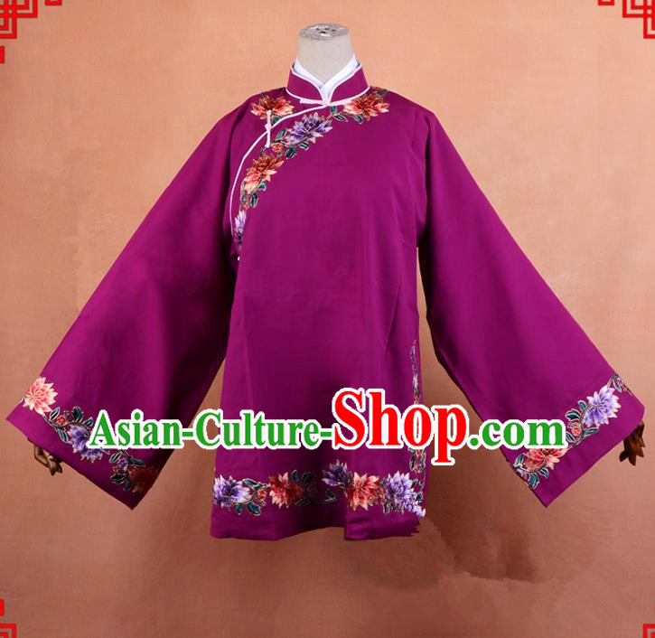 Top Grade Professional Beijing Old Women Costume Pantaloon Embroidered Purple Blouse, Traditional Ancient Chinese Peking Opera Matchmakers Embroidery Clothing
