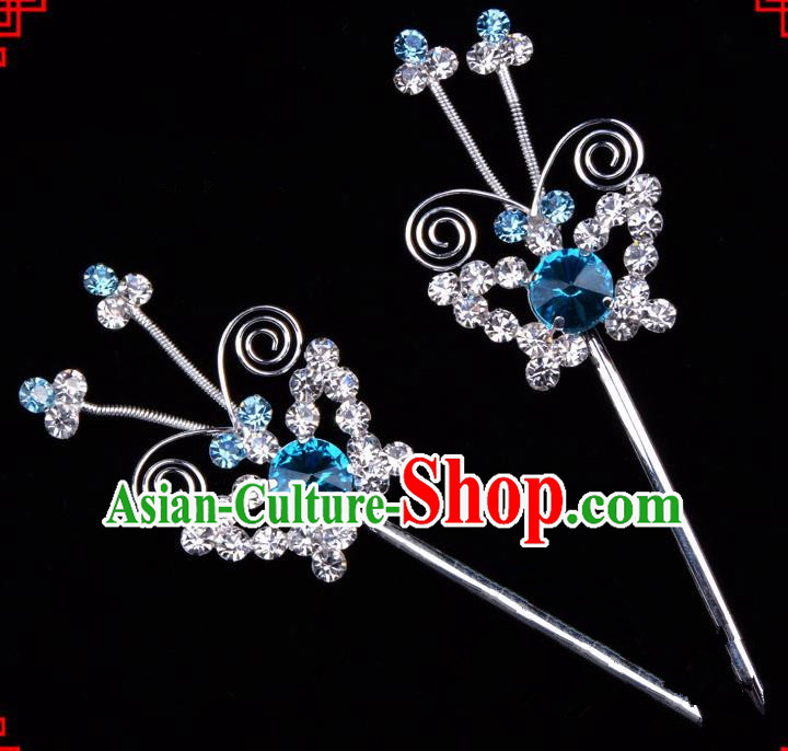 Traditional Beijing Opera Diva Hair Accessories Blue Crystal Butterfly Hairpins, Ancient Chinese Peking Opera Hua Tan Hair Stick Headwear