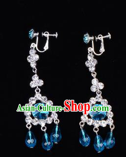 Traditional Beijing Opera Diva Jewelry Accessories Blue Crystal Earrings, Ancient Chinese Peking Opera Hua Tan Tassel Eardrop