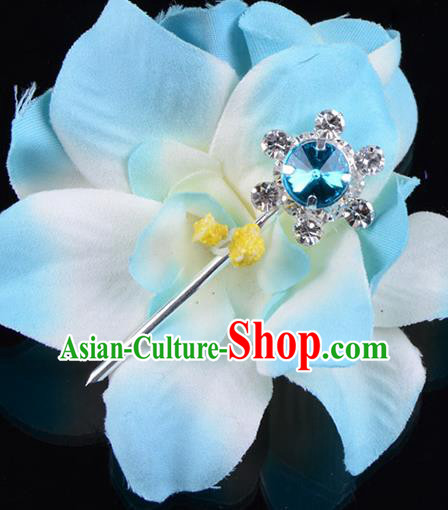 Traditional Beijing Opera Diva Hair Accessories Blue Crystal Hair Stick, Ancient Chinese Peking Opera Hua Tan Hairpins