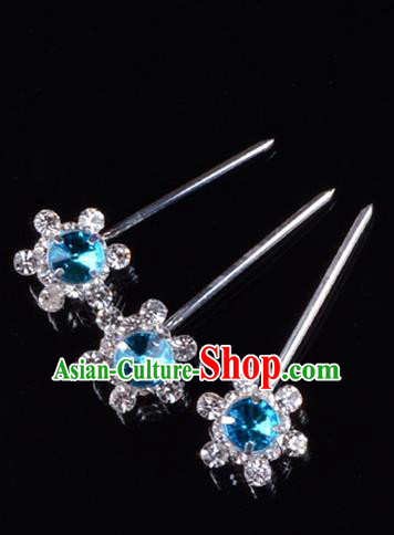 Traditional Beijing Opera Diva Hair Accessories Blue Crystal Hair Stick, Ancient Chinese Peking Opera Hua Tan Hairpins