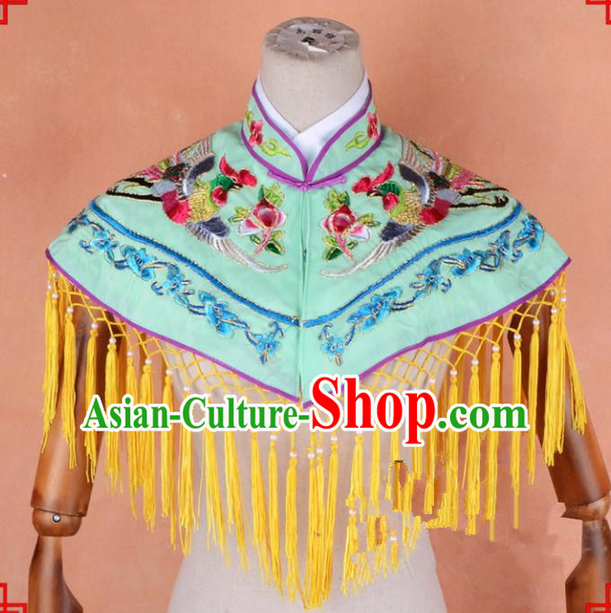 Top Grade Professional Beijing Opera Palace Lady Costume Hua Tan Green Embroidered Cloud Shoulder, Traditional Ancient Chinese Peking Opera Diva Embroidery Clothing