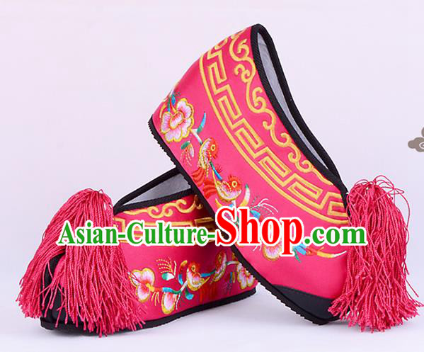 Traditional Beijing Opera Hua Tan Embroidered Shoes Young Lady Princess Shoes, Ancient Chinese Peking Opera Diva Peach Pink Blood Stained Shoes