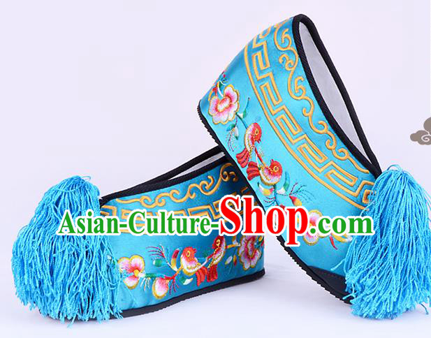 Traditional Beijing Opera Hua Tan Embroidered Shoes Young Lady Princess Shoes, Ancient Chinese Peking Opera Diva Deep Blue Blood Stained Shoes