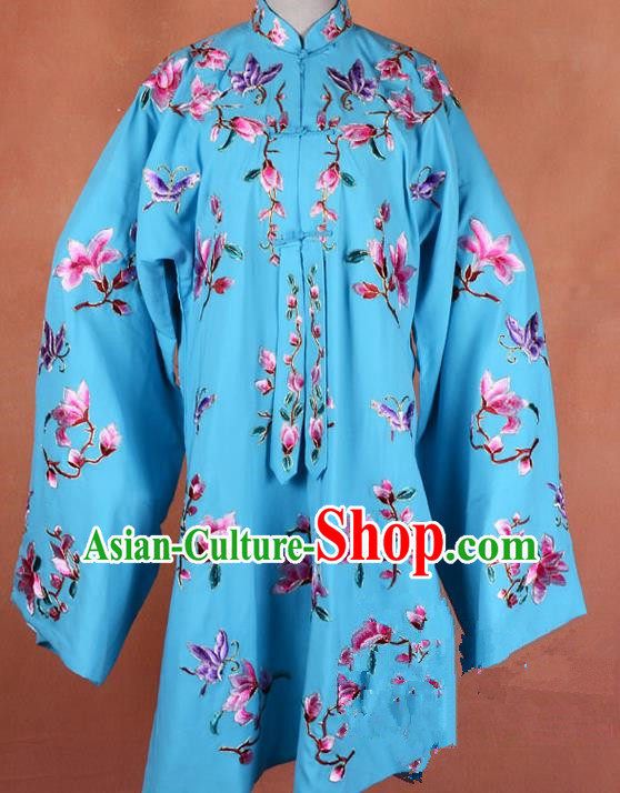 Top Grade Professional Beijing Opera Young Lady Costume Hua Tan Blue Embroidered Outerwear, Traditional Ancient Chinese Peking Opera Diva Embroidery Mangnolia Clothing