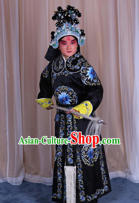 Traditional China Beijing Opera Takefu General Costume, Ancient Chinese Peking Opera Wu-Sheng Warrior Embroidery Black Clothing