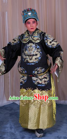 Top Grade Professional Beijing Opera Emperor Costume Black Embroidered Robe Gwanbok, Traditional Ancient Chinese Peking Opera Royal Highness Embroidery Dragons Clothing
