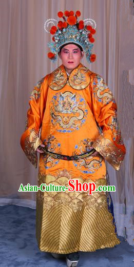 Top Grade Professional Beijing Opera Emperor Costume Yellow Embroidered Robe Gwanbok, Traditional Ancient Chinese Peking Opera Royal Highness Embroidery Dragons Clothing