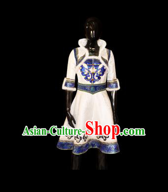 Traditional Chinese Mongol Nationality Dance Costume, Female Folk Dance Satin Mongolian Robe, Chinese Mongolian Minority Nationality Embroidery Costume for Women