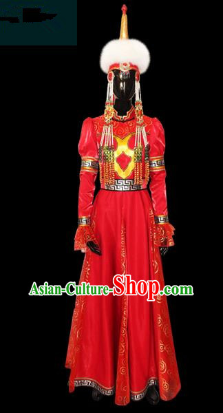 Traditional Chinese Mongol Nationality Dance Costume Female Pleated Skirt, Chinese Mongolian Minority Nationality Princess Embroidery Costume for Women