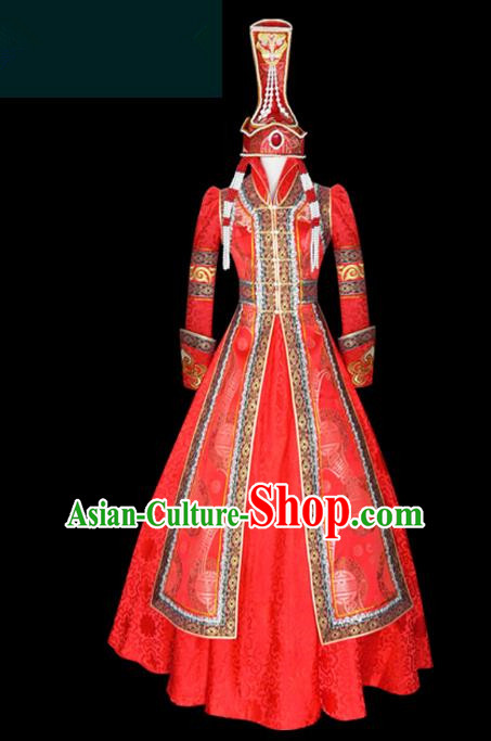 Traditional Chinese Mongol Nationality Costume Queen Red Bubble Dress, Chinese Mongolian Minority Nationality Princess Embroidery Wedding Clothing for Women