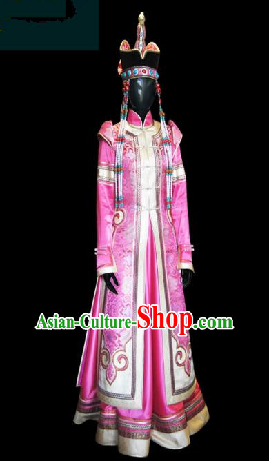 Traditional Chinese Mongol Nationality Dance Costume Female Pink Mongolian Robe and Hat, Chinese Mongolian Minority Nationality Embroidery Clothing for Women