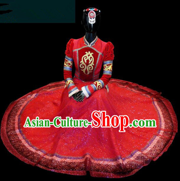 Traditional Chinese Mongol Nationality Dance Costume Queen Red Mongolian Robe, Chinese Mongolian Minority Nationality Princess Embroidery Wedding Clothing for Women