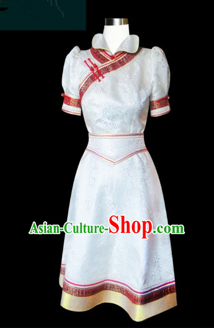 Traditional Chinese Mongol Nationality Dance Costume White Mongolian Robe, Chinese Mongolian Minority Nationality Princess Embroidery Clothing for Women