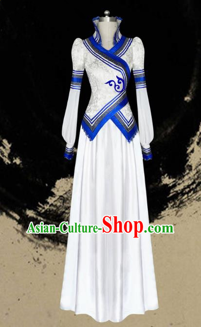 Traditional Chinese Mongol Nationality Dance Costume Female White Pleated Dress, Chinese Mongolian Minority Nationality Princess Embroidery Clothing for Women