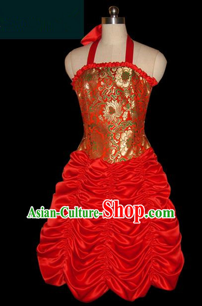 Traditional Chinese Mongol Nationality Dance Costume Female Red Bubble Dress, Chinese Mongolian Minority Nationality Princess Embroidery Clothing for Women