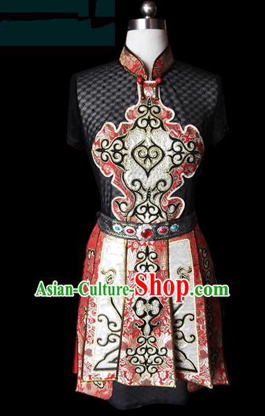 Traditional Chinese Mongol Nationality Dance Costume Female Dress, Chinese Mongolian Minority Nationality Princess Embroidery Clothing for Women