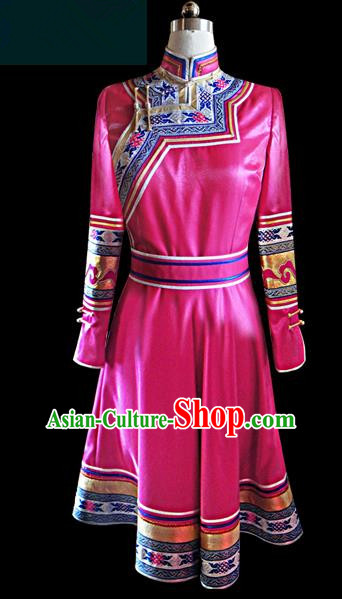 Traditional Chinese Mongol Nationality Dance Costume Female Dress, Chinese Mongolian Minority Nationality Princess Pink Mongolian Robe Embroidery Clothing for Women