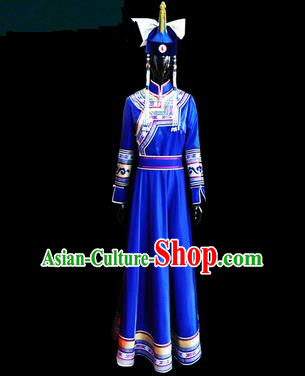 Traditional Chinese Mongol Nationality Dance Costume Female Dress, Chinese Mongolian Minority Nationality Princess Blue Mongolian Robe Embroidery Clothing for Women