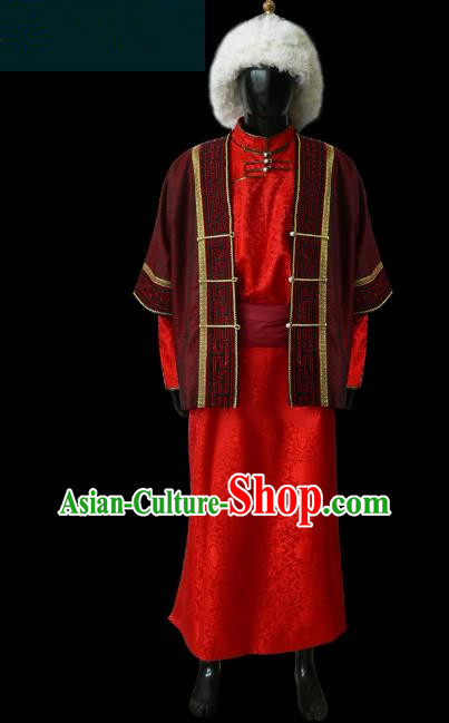 Traditional Chinese Mongol Nationality Dance Costume Bridegroom Mongolian Robe, Chinese Mongolian Minority Nationality Royal Highness Embroidery Costume for Men