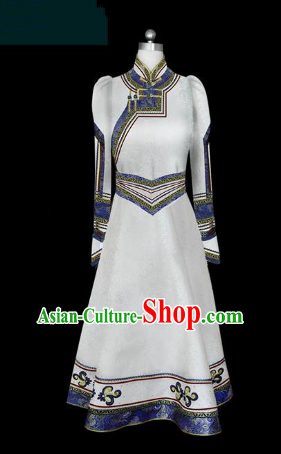 Traditional Chinese Mongol Nationality Dance Costume Female White Mongolian Robe, Chinese Mongolian Minority Nationality Princess Embroidery Costume for Women