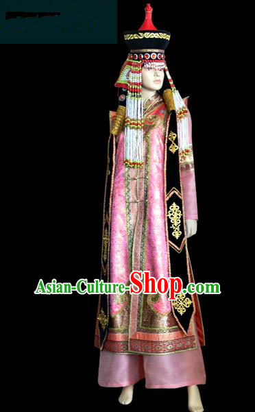 Traditional Chinese Mongol Nationality Dance Costume Female Pink Mongolian Robe, Chinese Mongolian Minority Nationality Princess Embroidery Costume for Women