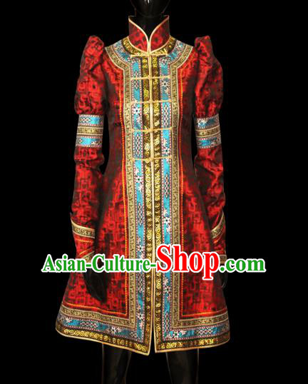 Traditional Chinese Mongol Nationality Dance Costume Female Red Mongolian Robe, Chinese Mongolian Minority Nationality Princess Embroidery Costume for Women