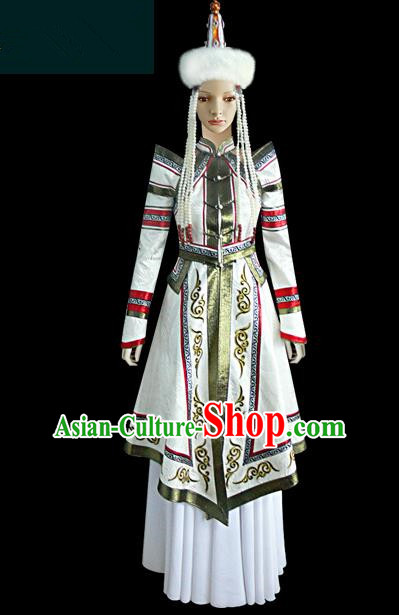 Traditional Chinese Mongol Nationality Dance Costume Female White Mongolian Robe, Chinese Mongolian Minority Nationality Princess Embroidery Costume for Women