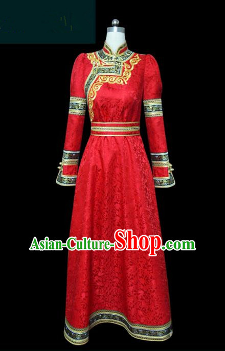 Traditional Chinese Mongol Nationality Dance Costume Female Red Mongolian Robe, Chinese Mongolian Minority Nationality Princess Embroidery Costume for Women