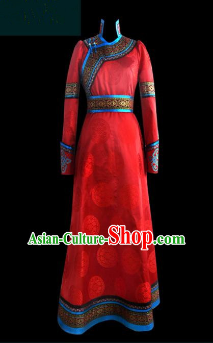 Traditional Chinese Mongol Nationality Dance Costume Palace Lady Red Mongolian Robe, Chinese Mongolian Minority Nationality Princess Embroidery Costume for Women