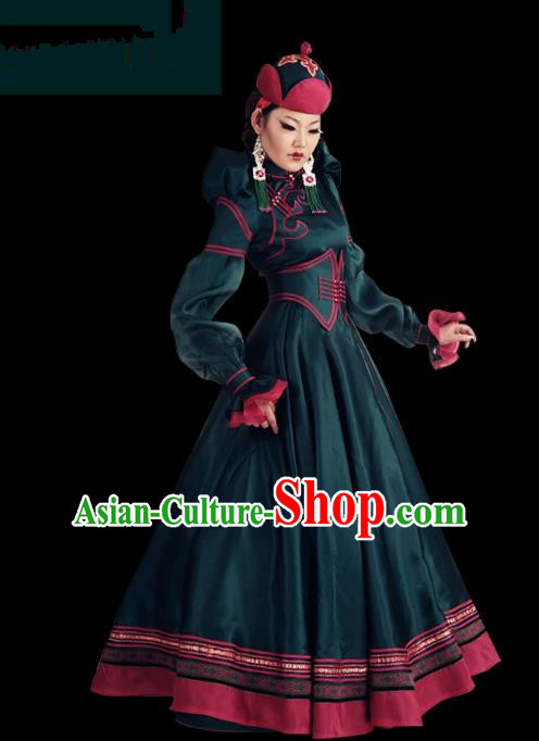 Traditional Chinese Mongol Nationality Dance Costume Palace Lady Green Mongolian Robe, Chinese Mongolian Minority Nationality Princess Embroidery Wedding Costume for Women