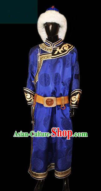 Traditional Chinese Mongol Nationality Dance Costume Blue Mongolian Robe, Chinese Mongolian Minority Nationality Royal Highness Embroidery Costume for Men