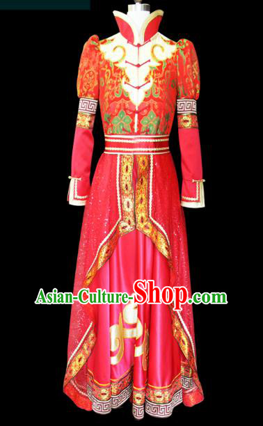 Traditional Chinese Mongol Nationality Dance Costume Female Red Pleated Skirt, Chinese Mongolian Minority Nationality Princess Embroidery Wedding Costume for Women