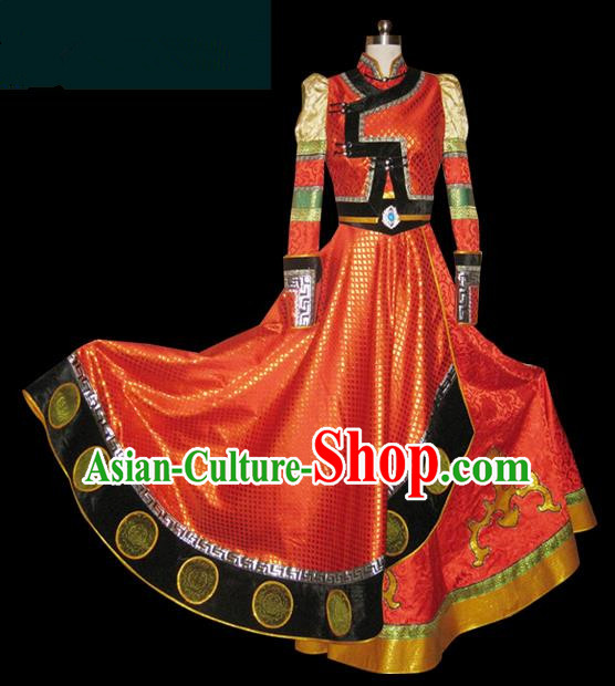 Traditional Chinese Mongol Nationality Dance Costume Young Lady Rosy Pleated Skirt, Chinese Mongolian Minority Nationality Princess Embroidery Wedding Costume for Women