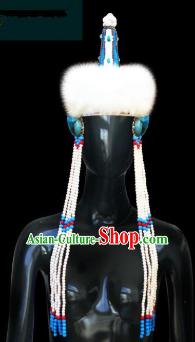 Traditional Chinese Mongol Nationality Hair Accessories Princess Beads Tassel Wool Blue Hat, Chinese Mongolian Minority Nationality Headwear for Women