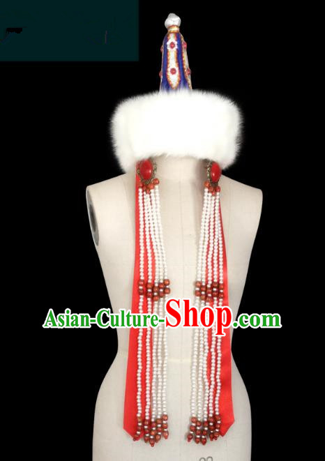 Traditional Chinese Mongol Nationality Hair Accessories Princess Beads Tassel Wool Red Hat, Chinese Mongolian Minority Nationality Headwear for Women