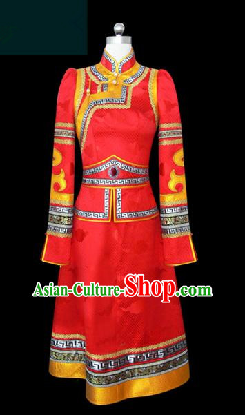 Traditional Chinese Mongol Nationality Dance Costume Young Lady Red Mongolian Robe, Chinese Mongolian Minority Nationality Princess Embroidery Wedding Costume for Women