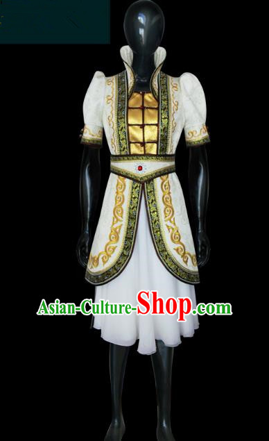 Traditional Chinese Mongol Nationality Dance Costume Young Lady White Mongolian Robe, Chinese Mongolian Minority Nationality Princess Embroidery Costume for Women