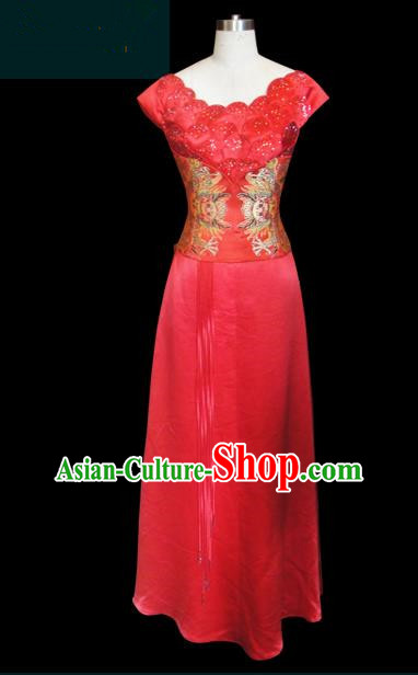 Traditional Chinese Modern Dancing Compere Performance Costume, Opening Classic Chorus Singing Group Dance Red Dress for Women