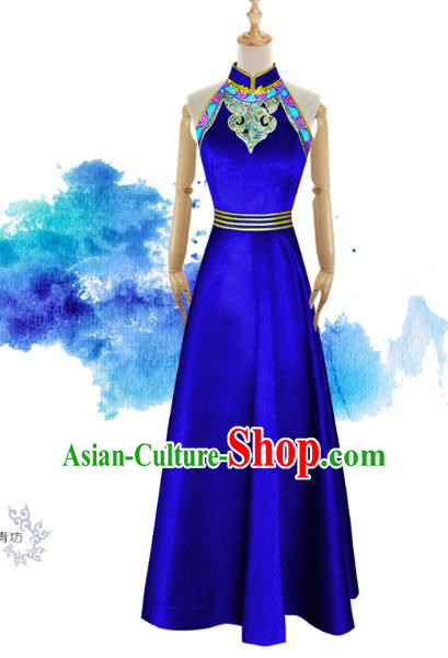 Traditional Chinese Modern Dancing Compere Performance Costume, Opening Classic Chorus Singing Group Dance Blue Dress for Women