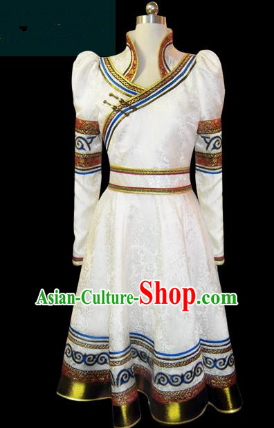 Traditional Chinese Mongol Nationality Dance Costume Female White Pleated Skirt, Chinese Mongolian Minority Nationality Princess Embroidery Clothing for Women