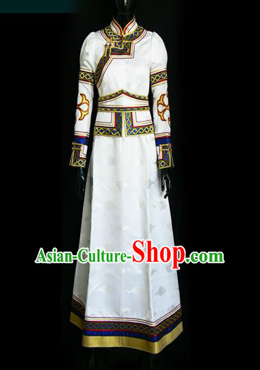 Traditional Chinese Mongol Nationality Costume Female White Mongolian Robe, Chinese Mongolian Minority Nationality Princess Embroidery Dress Clothing for Women