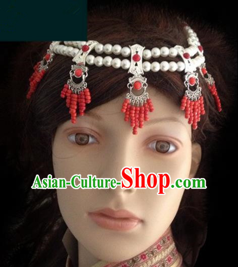 Traditional Chinese Mongol Nationality Bride Hair Accessories Beads Headband, Chinese Mongolian Minority Nationality Headwear for Women